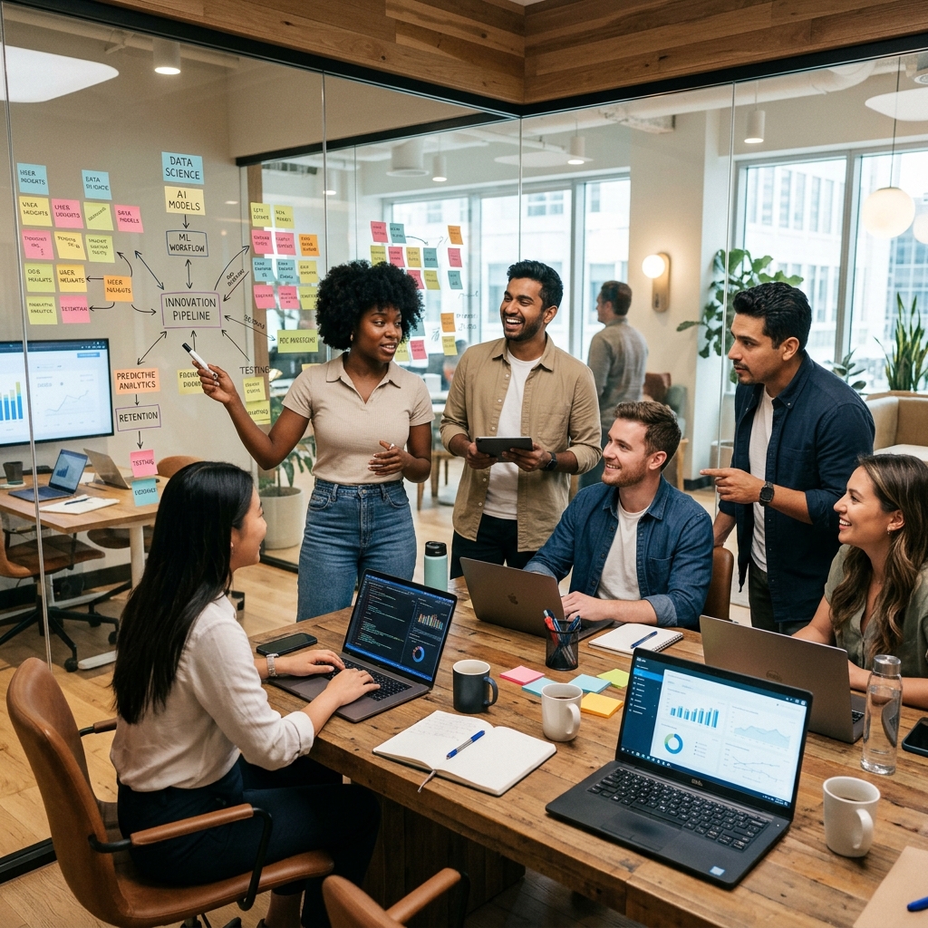 Equipo profesional en sesión de brainstorming